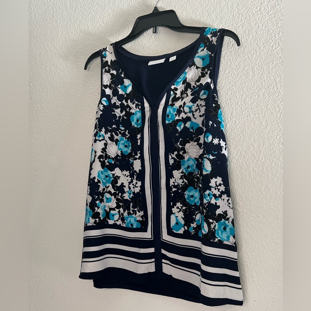 New York and Company Blue Floral Sleeveless Blouse